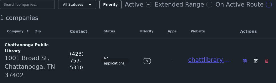 The companies list showing your tracked locations